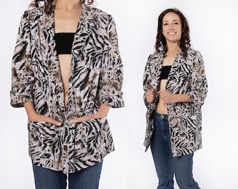 Vintage Tiger Blouse - Leopard Print Cotton 1980s 1990s Open Front Blouse Shirt Top with Front Pockets - Safari Cat - One Size