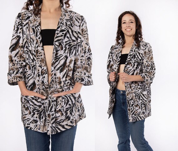 トップス 80's 90's Vintage Leopard Shirts Vintage 80s Leopard Print Blouse in Black and Orange, Animal