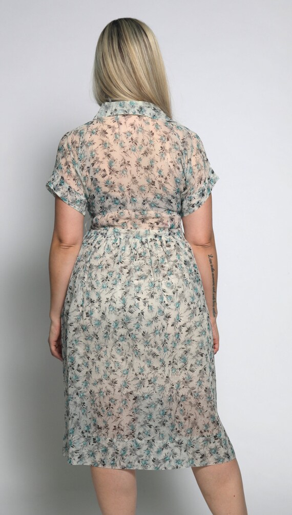 Vintage 1960s Dress - Sheer Floral Print Mint Blu… - image 3