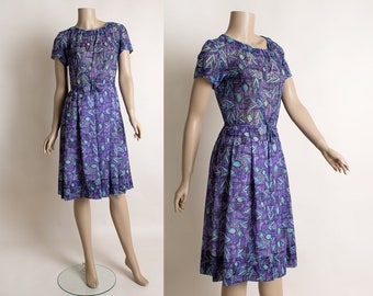 Vintage 1960s Dress - Abstract Print Lush Purple & Aqua Blue Sheer Chiffon Cocktail Party Dress - Small