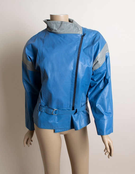 Vintage 80s Leather Jacket - Blue & Gray Asymmetr… - image 4