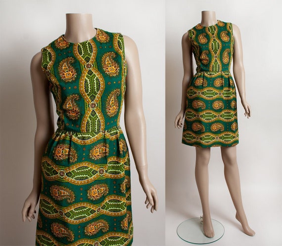 Vintage 1960s Dress - Flower Paisley Print Emerald