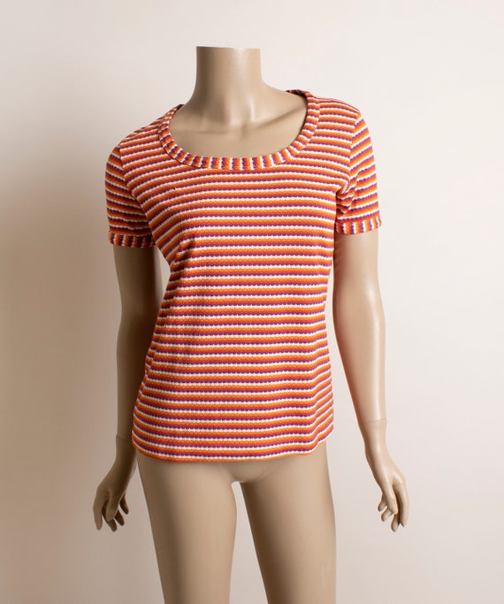 Vintage 1970s Striped Tee - Purple Orange & White… - image 2