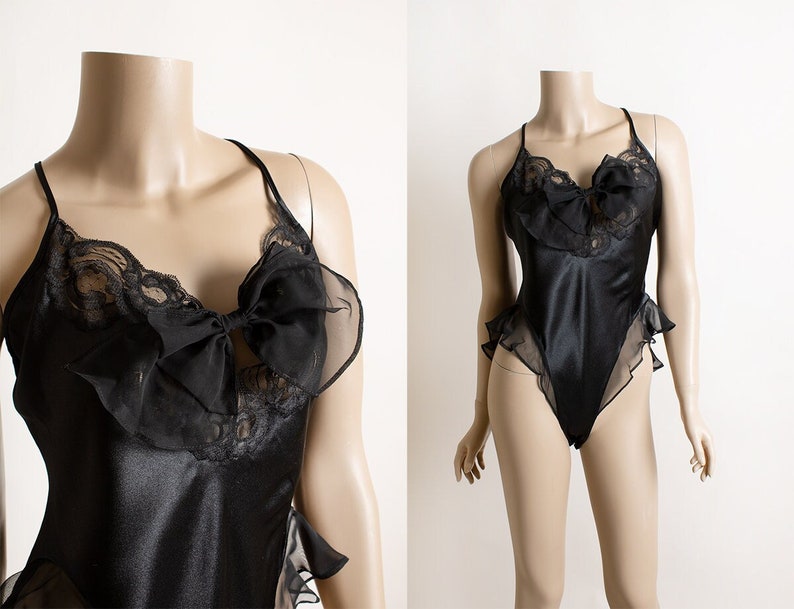 Vintage 1990s Black Lace Teddy - Lingerie Sexy High Cut Spaghetti Strap Bodysuit - Sheer Ruffle Hips - Bow - Josie Medium Large Y2k image 1