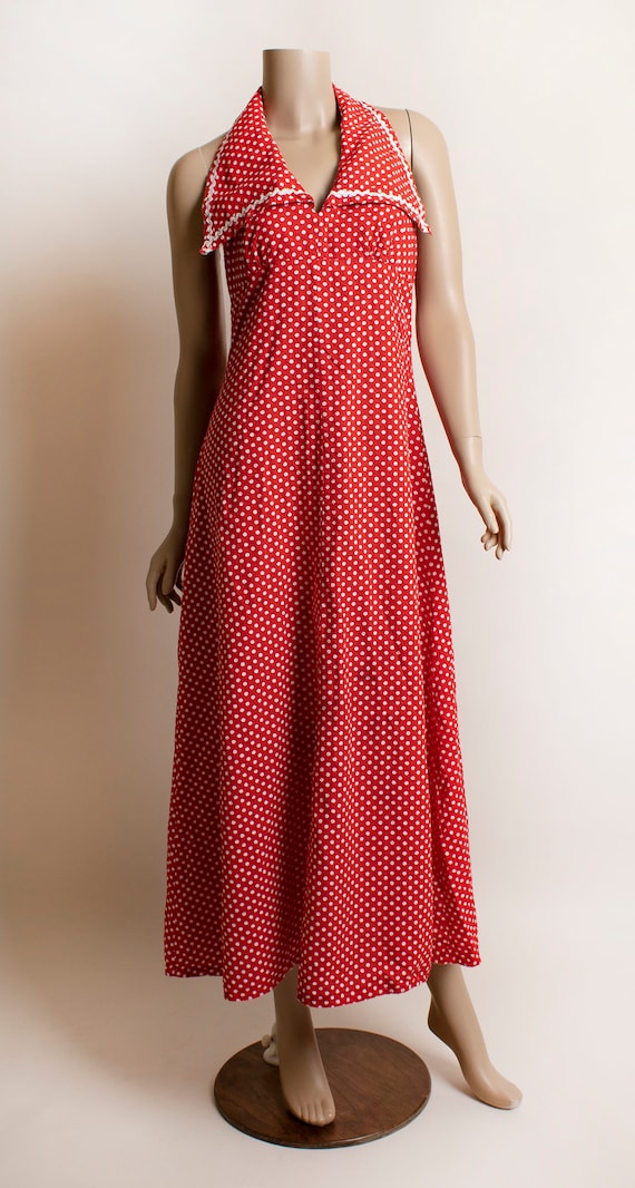 Vintage 1970s Red Polka Dot Maxi Halter Dress - S… - image 4