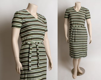 Vintage 1970s Striped Knit Dress - Green White & Rust - Sheath Tunic Knitted Dress with Tie Belt - Autumn Tone Colors - Medium Large