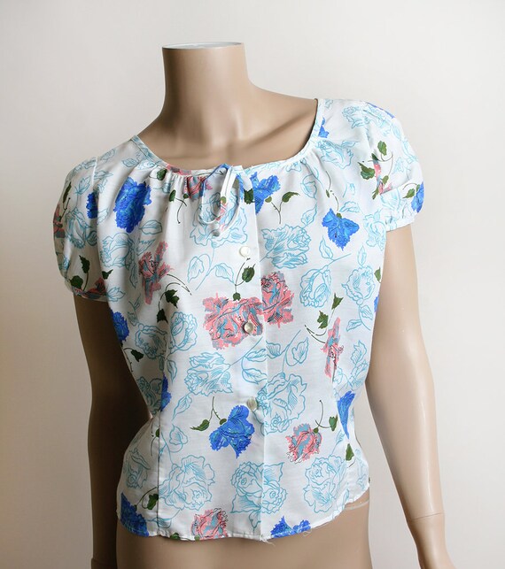 Vintage Rose Print Blouse - 1950s Cotton Pink & S… - image 2