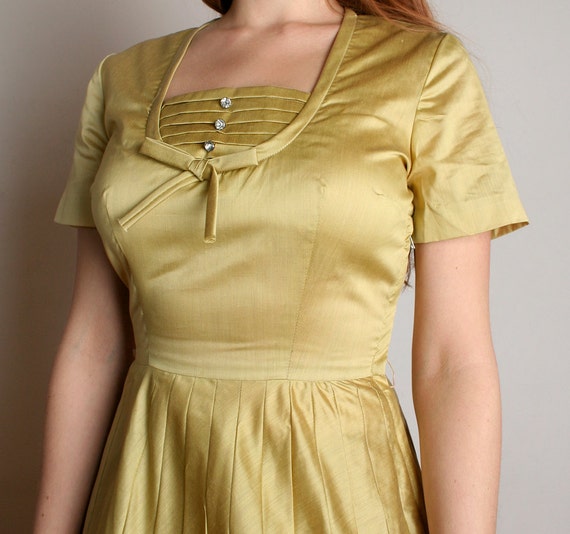 Vintage 1950s Dress - Golden Mustard Yellow Rhine… - image 5