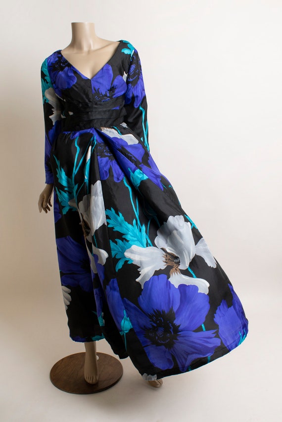 Vintage 1970s Floral Maxi Dress - Blue Teal Black… - image 9
