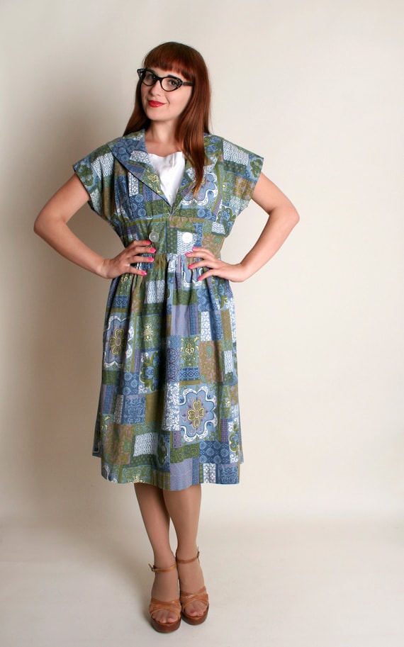 Vintage 1950s Dress - Blue Floral Patchwork Print