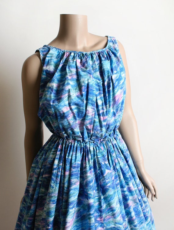 Vintage 1960s Dress - Blue Watercolor with Pink B… - image 6