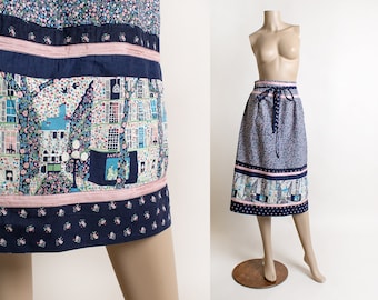 Vintage Novelty Print Wrap Skirt - 1980s Navy Blue & Pink Ribbon - City Street Neighborhood Home Print - Lamps - Cotton Wrap - Small Medium