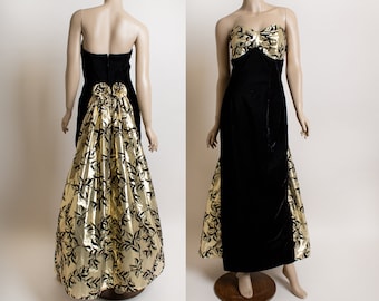 Vintage Gunne Sax Dress - Black Velvet & Gold Leaf Leaves Lame Rose Bustle Tulle Jessica McClintock Strapless Gown 90s Prom Party - Small