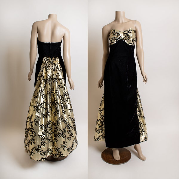 Vintage Gunne Sax Dress - Black Velvet & Gold Leaf Leaves Lame Rose Bustle Tulle Jessica McClintock Strapless Gown 90s Prom Party - Small