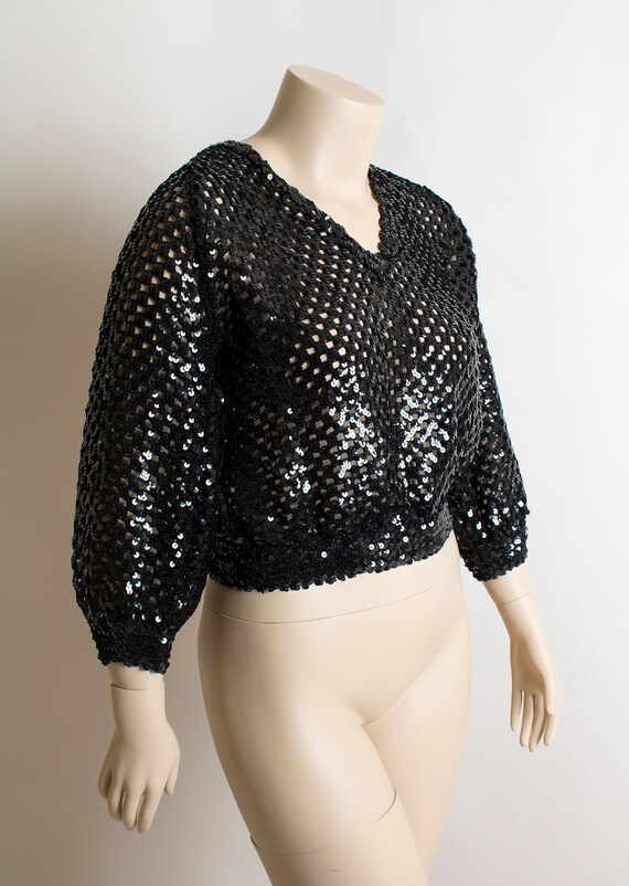 Vintage 1980s Black Sequin Sweater - Peek-A-Boo S… - image 3
