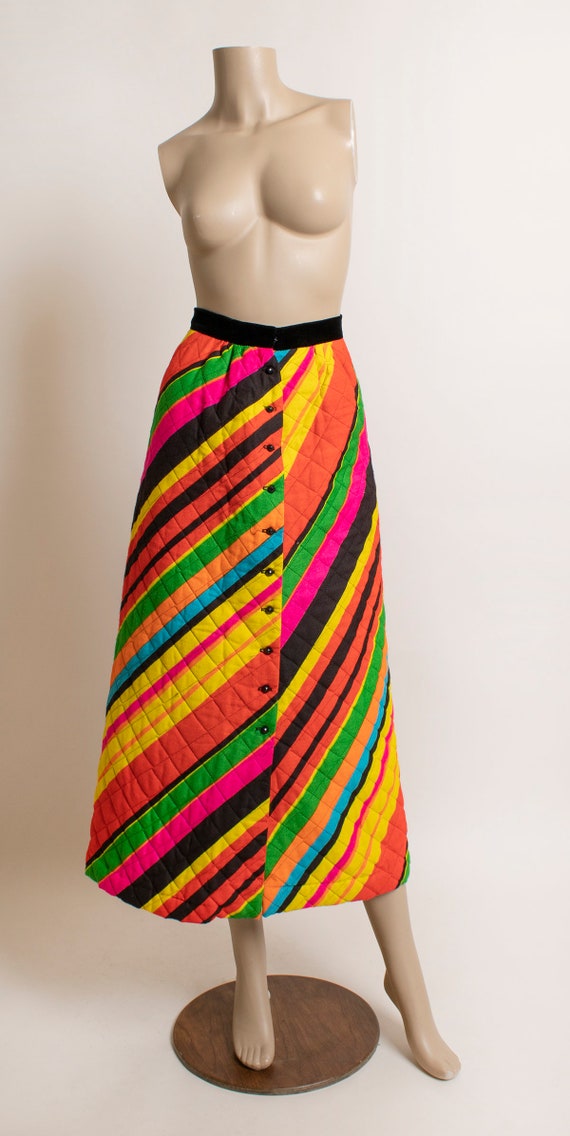 Vintage 1960s Neon Striped Maxi Quilted Skirt - B… - image 2