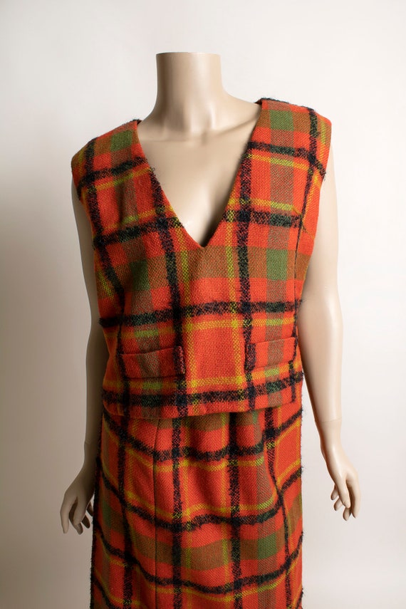 Vintage 1960s Plaid Skirt Vest & Coat Set - Red T… - image 5