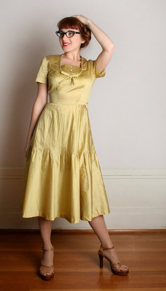 Vintage 1950s Dress - Golden Mustard Yellow Rhine… - image 4