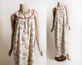 Vintage 1970s Floral Maxi Dress - Warm Autumn Tone Summer Flower Print Floor Length Tunic Dress - Lounge - Small