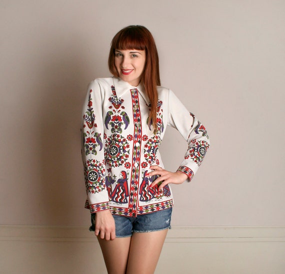 Vintage Novelty Print Blouse - 1970s Psychedelic M