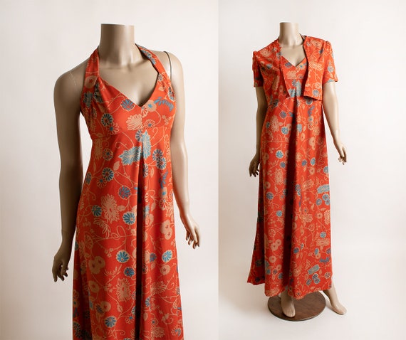 Vintage 1970s Floral Maxi Dress with Matching Cro… - image 1