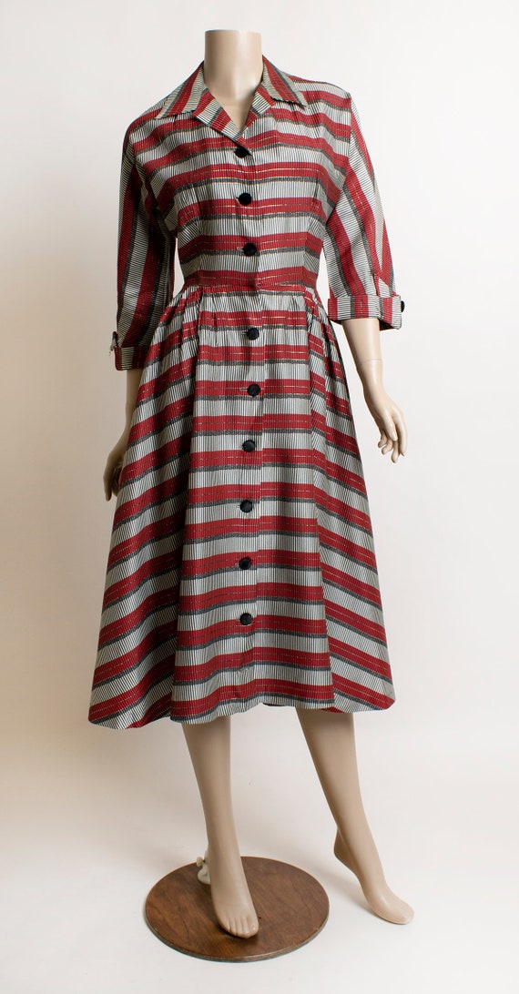 Vintage 1950s Striped Dress - Dark Red Metallic S… - image 2