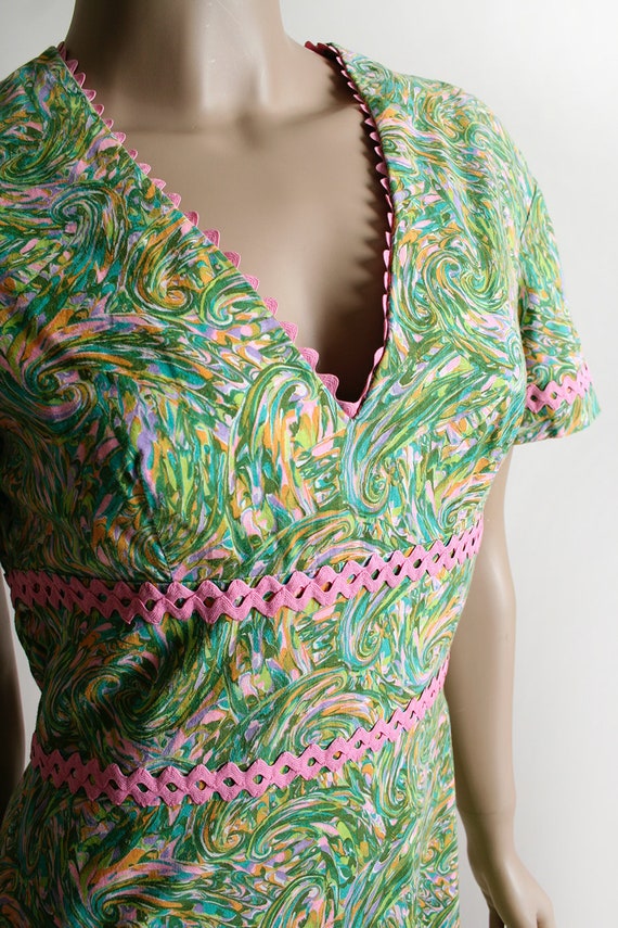 Vintage 1960s Dress - Mint Green & Pink Watercolo… - image 5