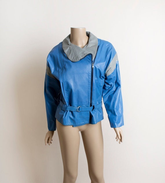 Vintage 80s Leather Jacket - Blue & Gray Asymmetri