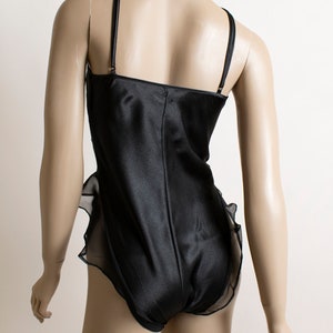 Vintage 1990s Black Lace Teddy - Lingerie Sexy High Cut Spaghetti Strap Bodysuit - Sheer Ruffle Hips - Bow - Josie Medium Large Y2k image 4