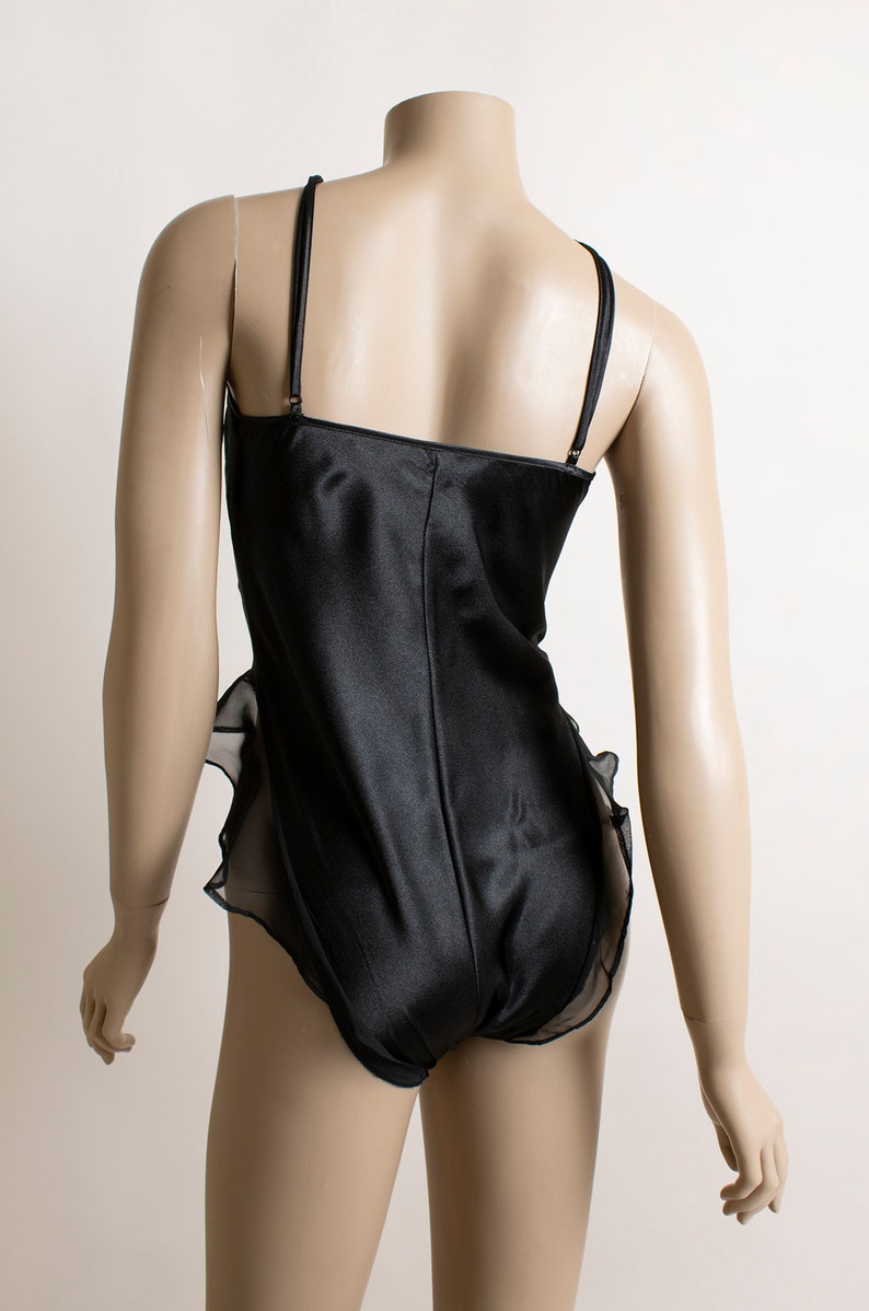 Vintage 1990s Black Lace Teddy - Lingerie Sexy High Cut Spaghetti Strap Bodysuit - Sheer Ruffle Hips - Bow - Josie Medium Large Y2k image 4
