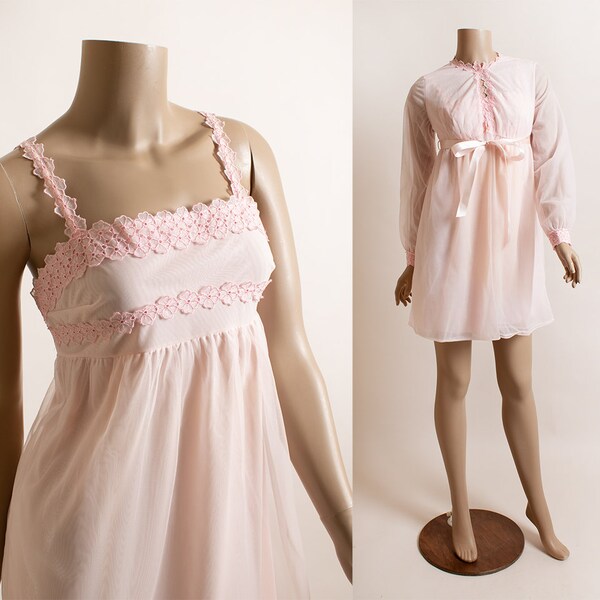 1960s Pink Babydoll Nightgown with Matching Peignoir