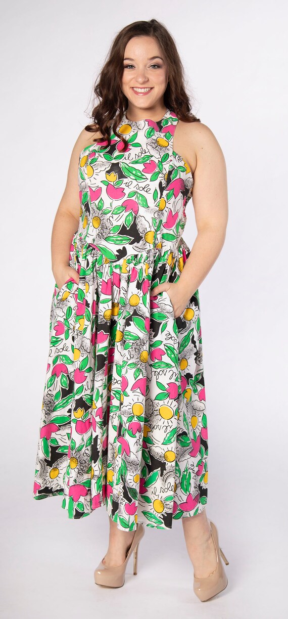 Vintage Novelty Print Halter Dress - 1980s Floral… - image 2