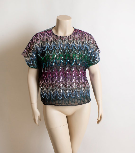 Vintage 1980s Sequin Top - Sheer Rainbow Ombre Wa… - image 4