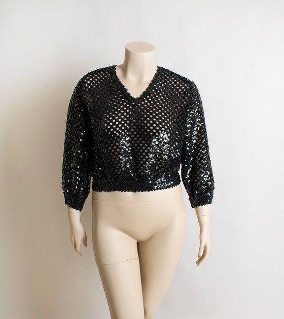 Vintage 1980s Black Sequin Sweater - Peek-A-Boo S… - image 1