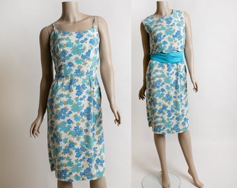 Vintage 1960s Floral Wiggle Dress & Top - Two Piece Blue Flower Print Spaghetti Strap Pencil Dress with Crop Scallop Button Up Top - Small