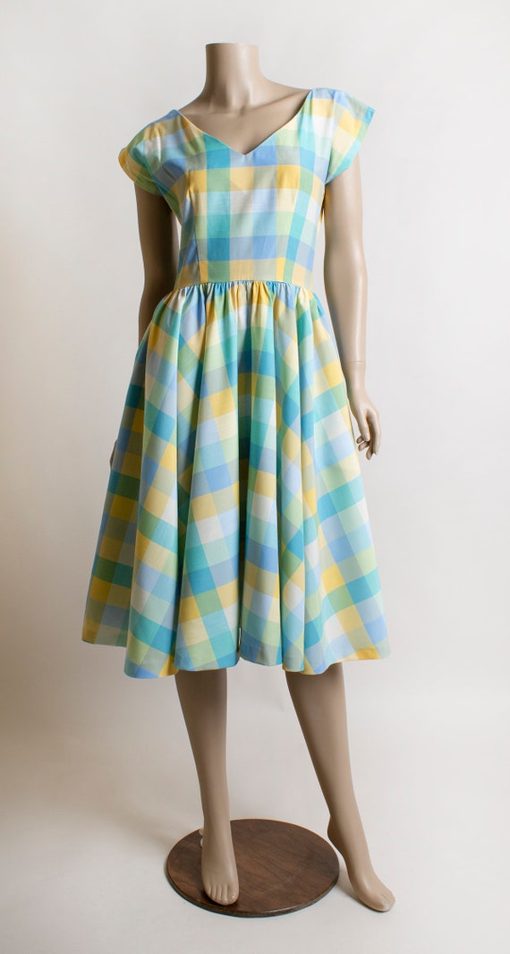 Vintage 1980s Plaid Dress - Pastel Blue Yellow Gr… - image 2