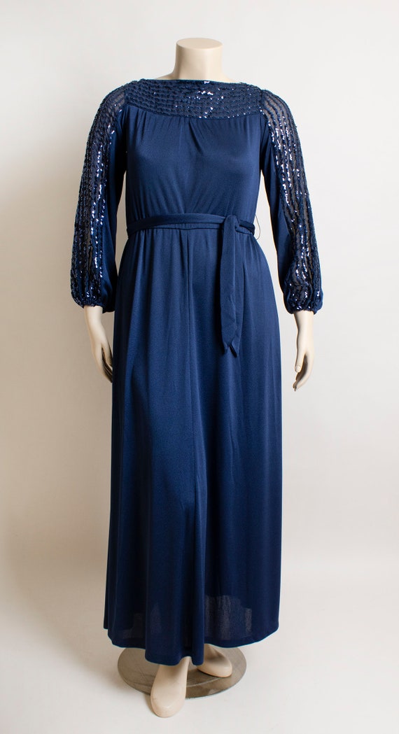 Vintage 1970s Dark Blue Sequin Sleeve Maxi Dress … - image 3