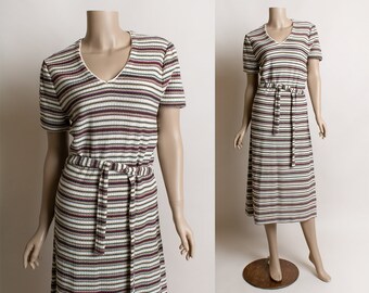 Vintage 1970s Striped Knit Dress - Pink, Tan & Green - Sheath Tunic Knitted Dress with Tie Belt - Autumn Tone Colors - Medium Large