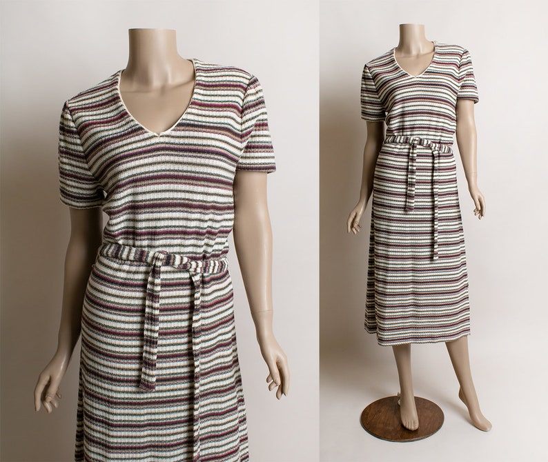 Tan /& Green Vintage 1970s Striped Knit Dress Pink Autumn Tone Colors Sheath Tunic Knitted Dress with Tie Belt Medium Large