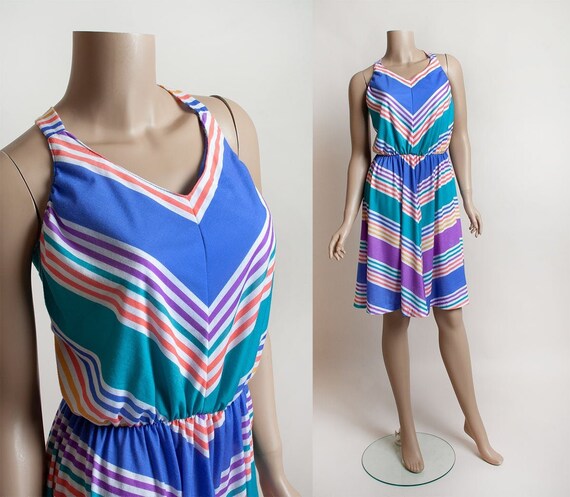 Vintage 1970s Dress - Rainbow Striped Summer Sundr