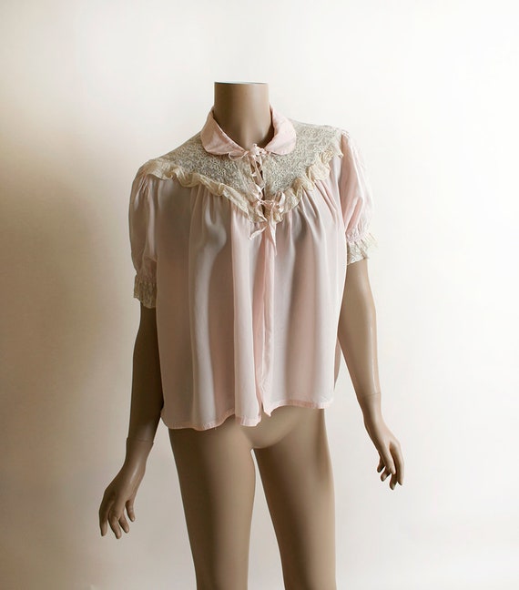 Vintage 1940s Bed Jacket - Pastel Pink Rayon & Whi