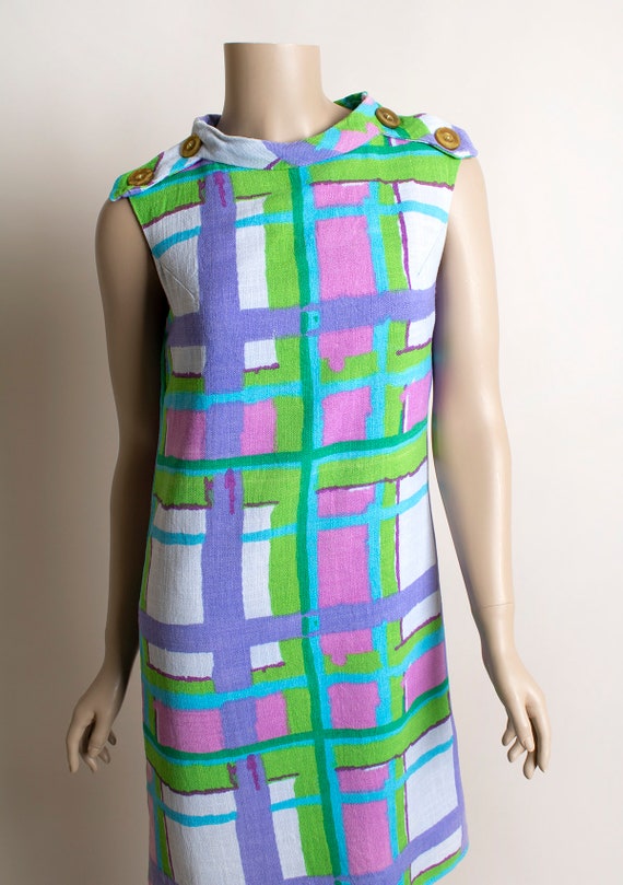Vintage 1960s Mod Dress - Geometric Plaid Print B… - image 4