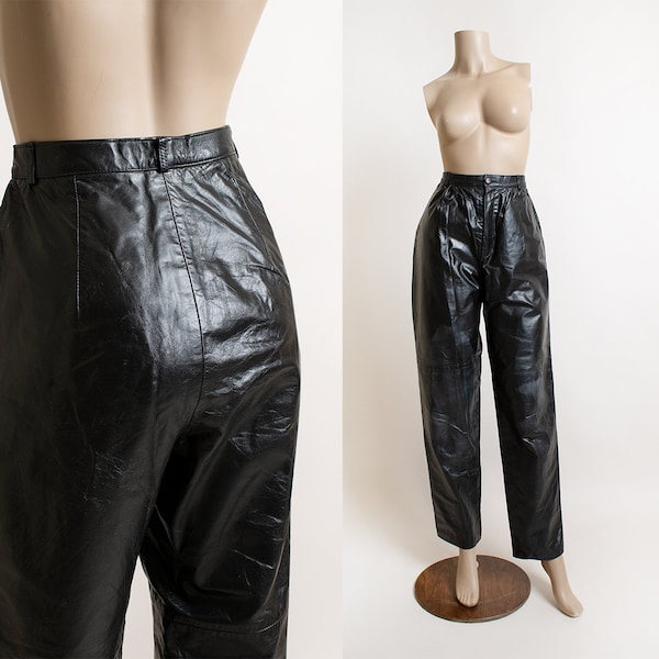 Vintage Black Leather Pants - Pleat High Waist - Straight Slim Leg - 1980s 1990s Rocker Moto Biker - Small 26" waist