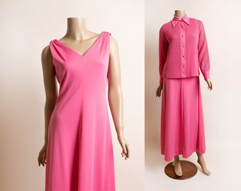 Vintage 1970s Barbie Pink Maxi Dress with Jacket - Floor Length Gown - Rhinestone Sparkly Buttons Sheer 70s Knit Top - Small