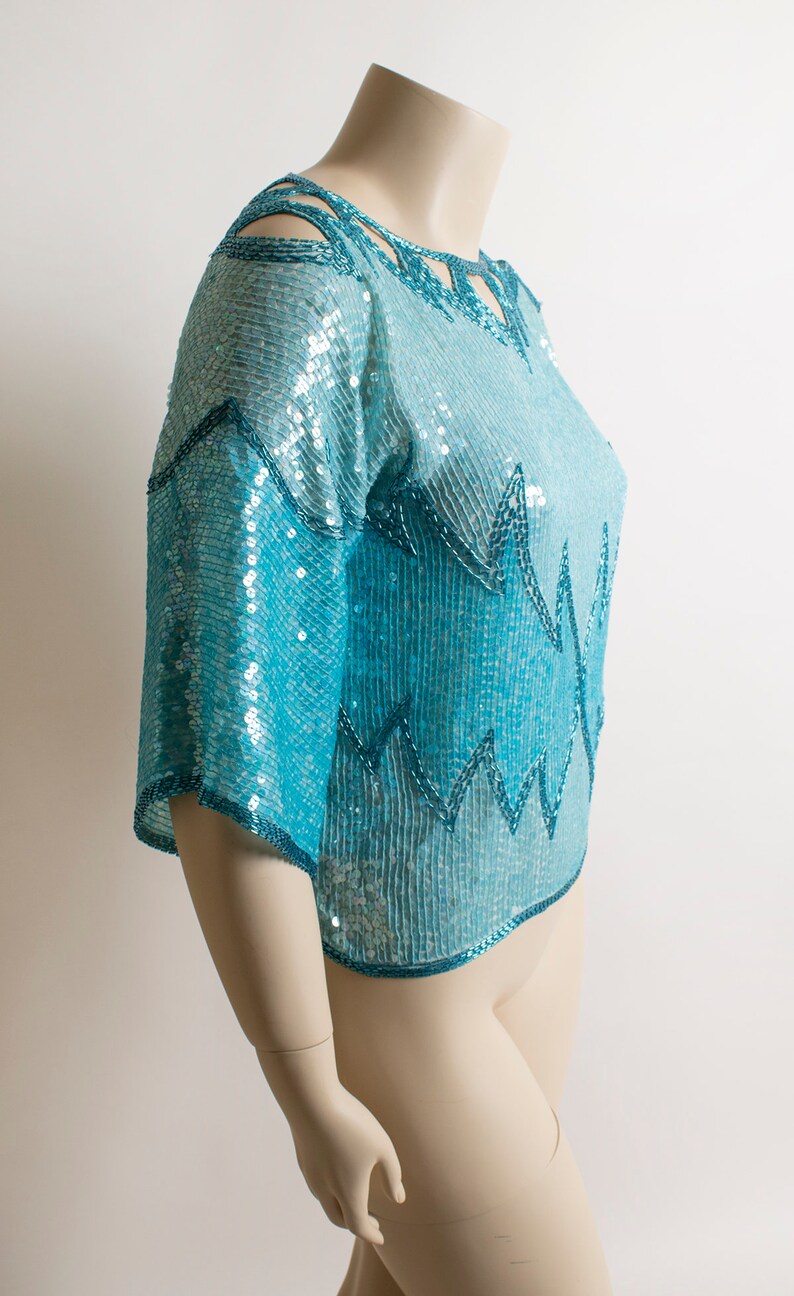 Vintage Sequined Cut-Out Cold Shoulder Blouse Light Blue Teal Iridescent Aquamarine Turquoise Beaded Silk Wings Flames Top Large image 5