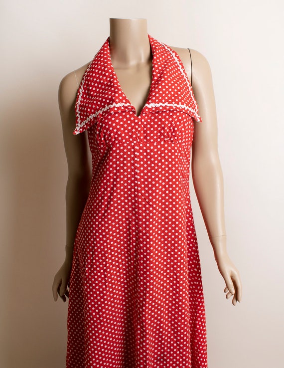 Vintage 1970s Red Polka Dot Maxi Halter Dress - S… - image 6