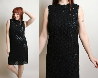 Vintage 1960s Black Sequin Dress - Cocktail Party Tunic Shift Dress - Fully Sequined - Diamond - Medium Small