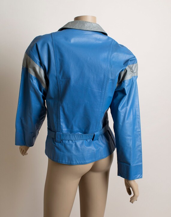 Vintage 80s Leather Jacket - Blue & Gray Asymmetr… - image 3