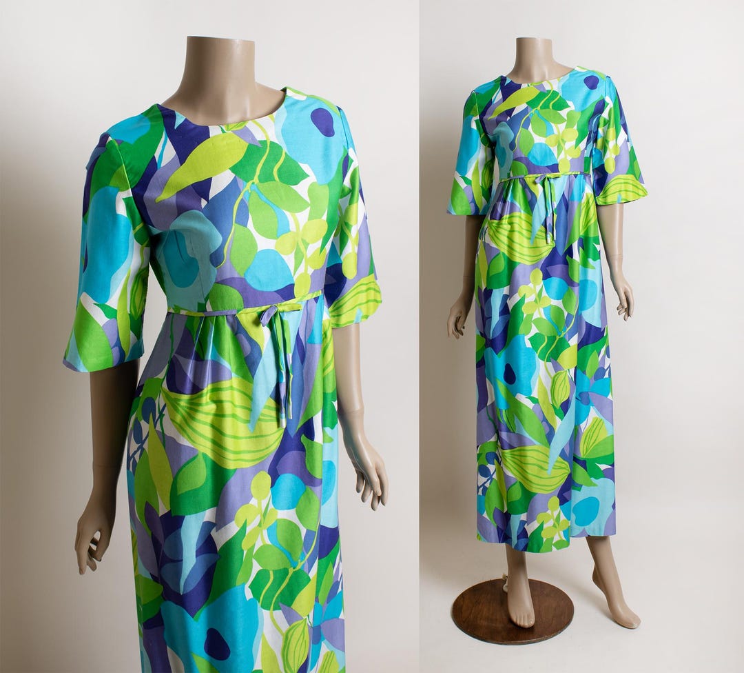 Vintage 1970s Hawaiian Maxi Dress - Teal Aqua Blue Green Purple Floral ...