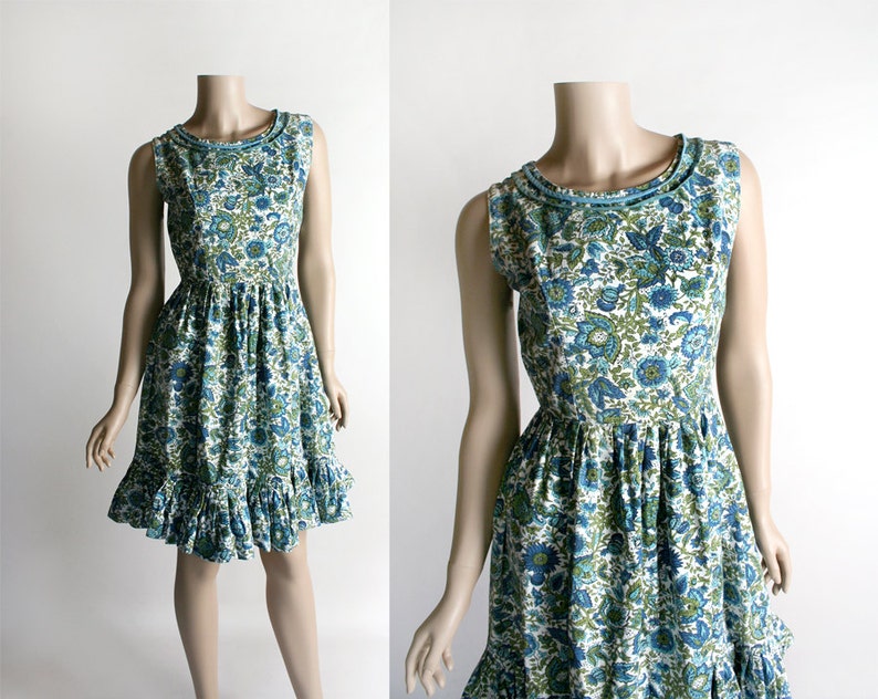 Vintage 1960s Dress Floral Print Aqua Blue and Mint Green Flower Print Cotton Dress Ruffle Hem Small image 1